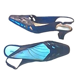 Easy Street Sling Back Heels Laser Cut Out Spool Kitten Heel Cushion Almond Toe